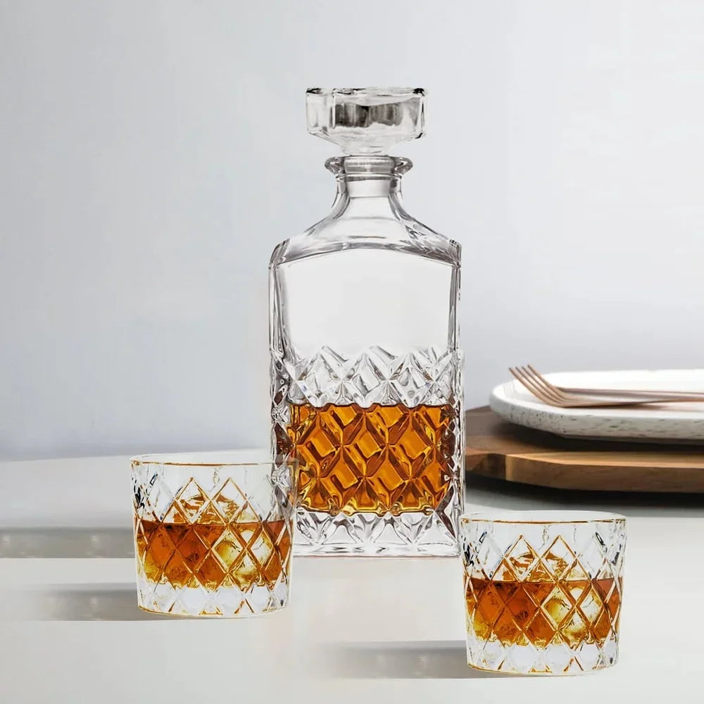 Diamond Cut Clear Glass Decanter and DOF Set Durable Dishwasher Safe