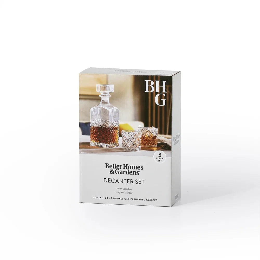 Diamond Cut Clear Glass Decanter and DOF Set Durable Dishwasher Safe