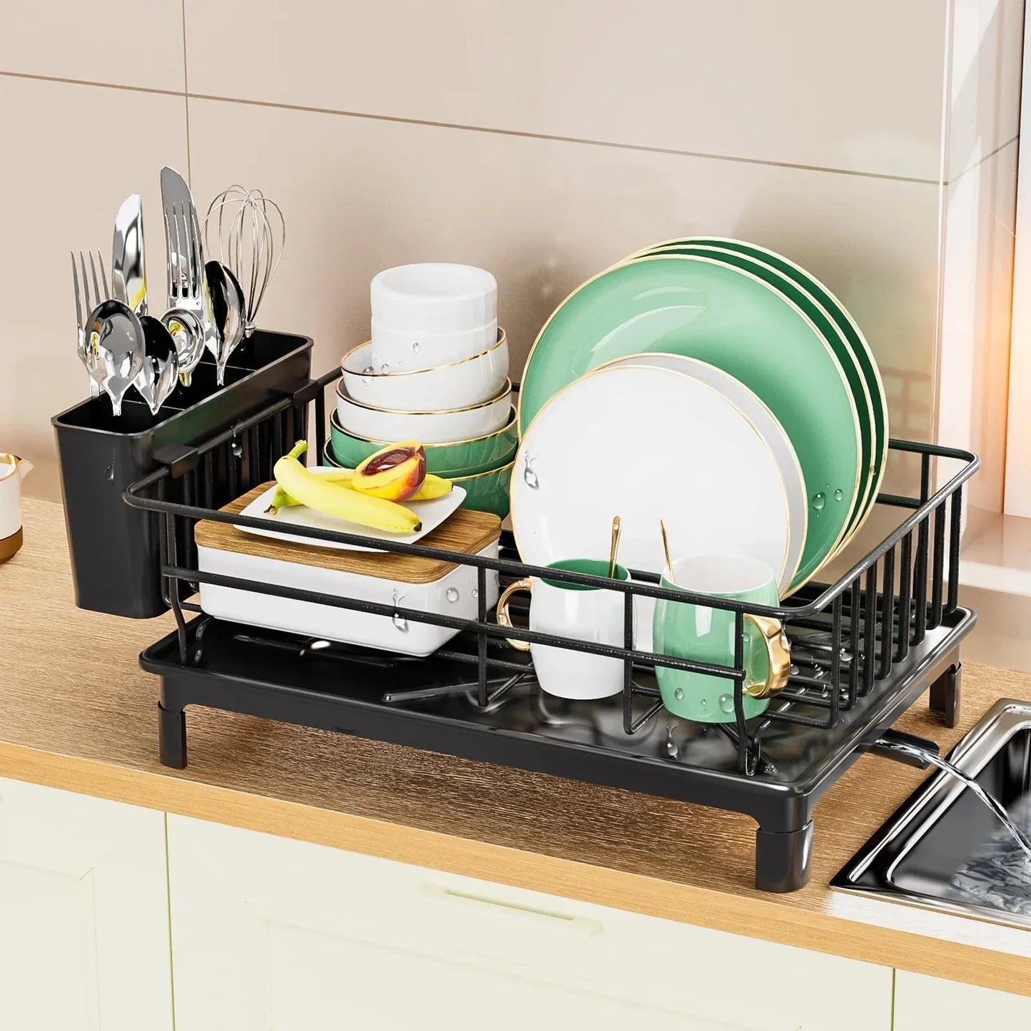 Dish Draining Rack Cutlery Rack With Drain Tray And Drip Line Drainer