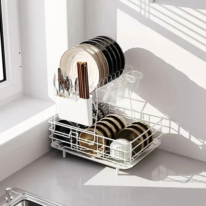 Double Stainless Steel Bowl and Dish Drain Rack Dishware Cleaning Rack