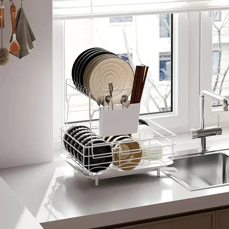 Double Stainless Steel Bowl and Dish Drain Rack Dishware Cleaning Rack