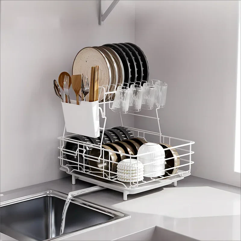 Double Stainless Steel Bowl and Dish Drain Rack Dishware Cleaning Rack