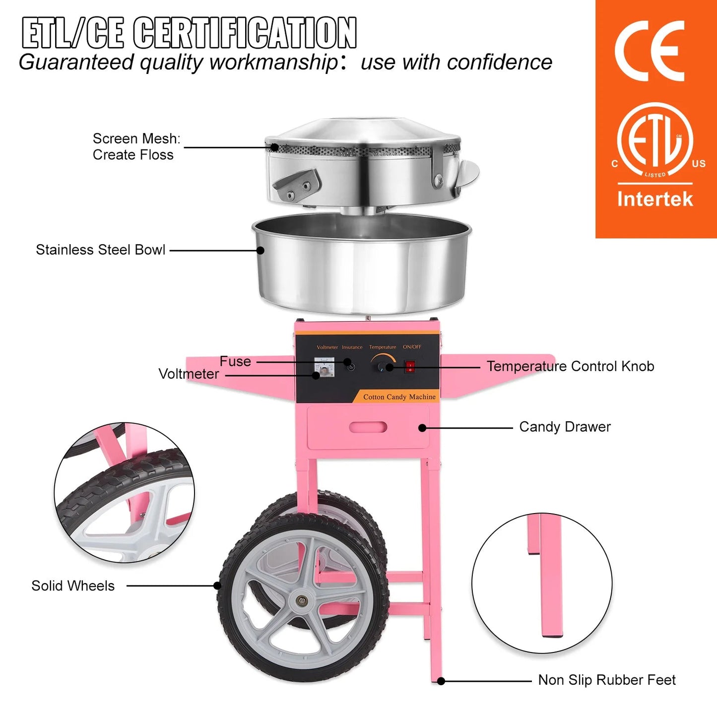 Electric Cotton Candy Machine with Cart Commercial Floss Maker