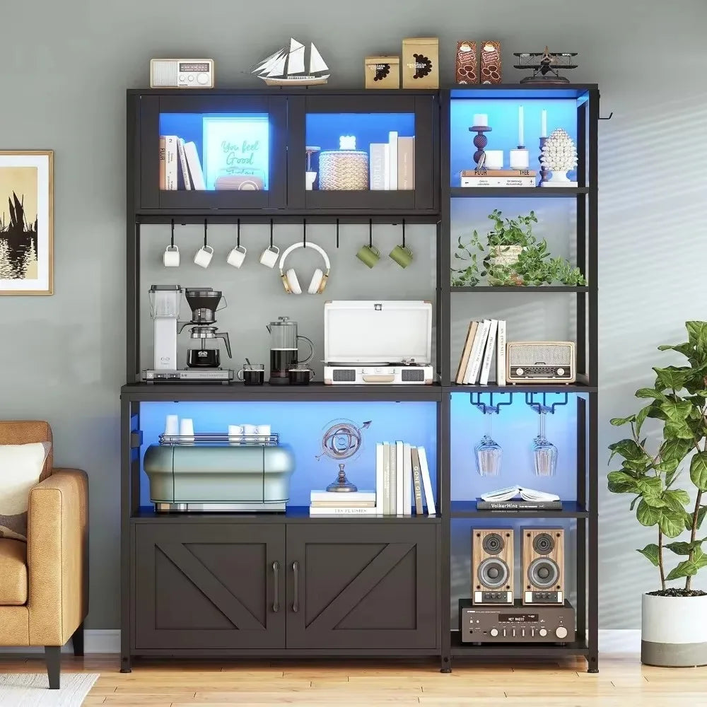 Farmhouse Coffee Bar Cabinet with Glass Door and Wine Rack Bakers Rack