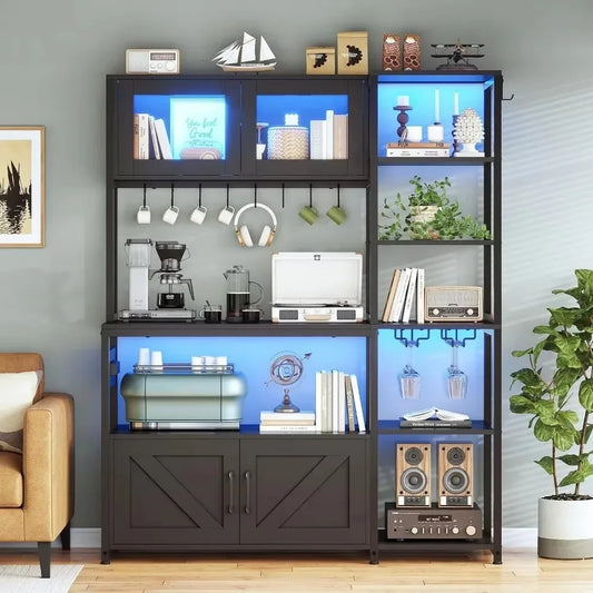 Farmhouse Coffee Bar Cabinet with Glass Door and Wine Rack Bakers Rack