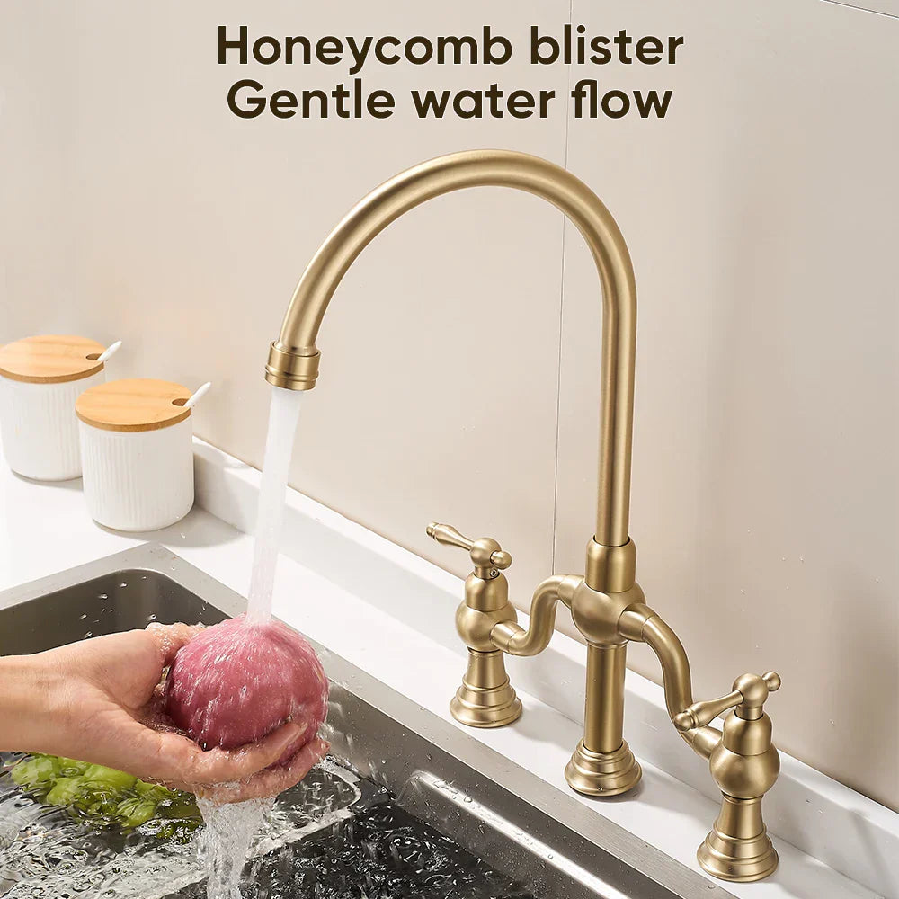 Fashion Kitchen Faucet Antique Dual Handles Brass Water Mixer Faucet