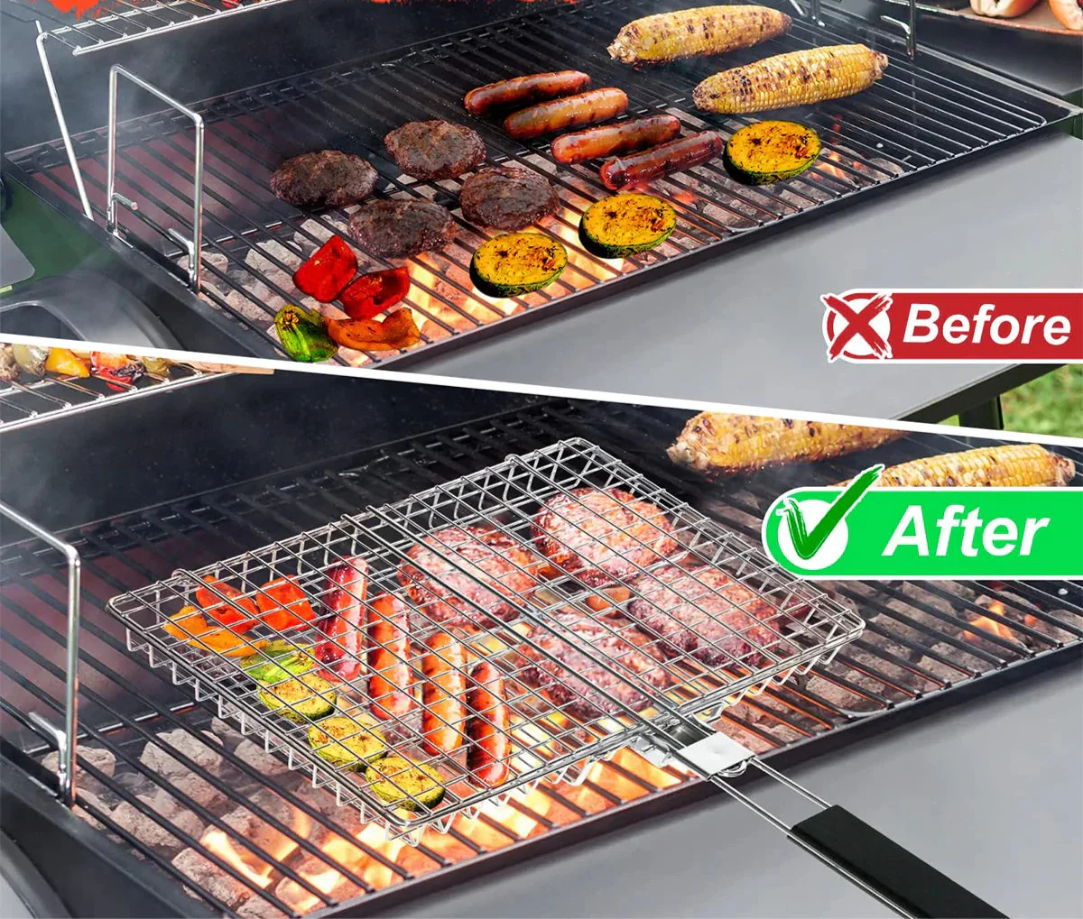 Folding Grill Basket with Wooden Handle Outdoor Camping BBQ Rack