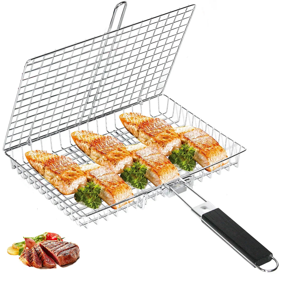 Folding Grill Basket with Wooden Handle Outdoor Camping BBQ Rack