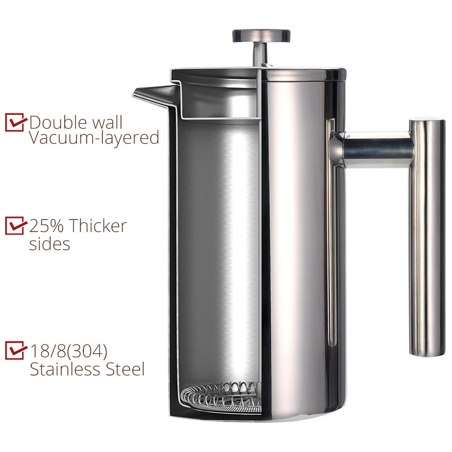 French Press Coffee Maker Double Wall Stainless Steel with Clip/Spoon
