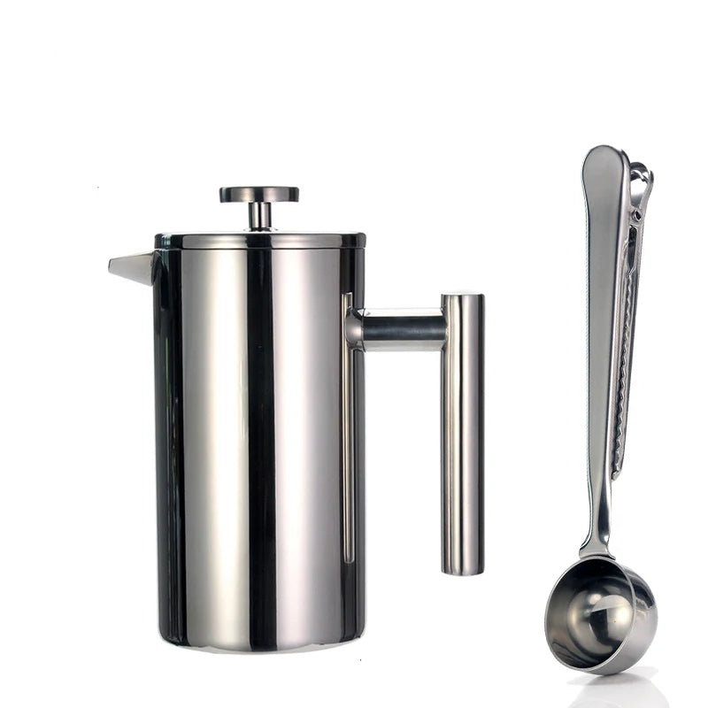 French Press Coffee Maker Double Wall Stainless Steel with Clip/Spoon