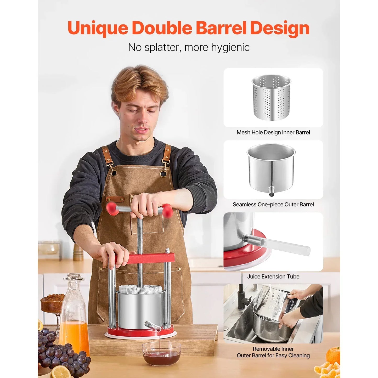 Fruit Press Stainless Steel Barrels Manual Juice Maker with T-Handle