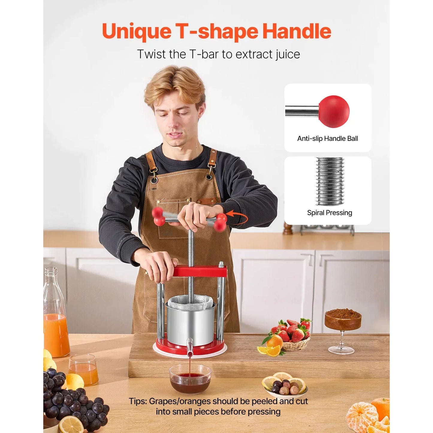 Fruit Press Stainless Steel Barrels Manual Juice Maker with T-Handle