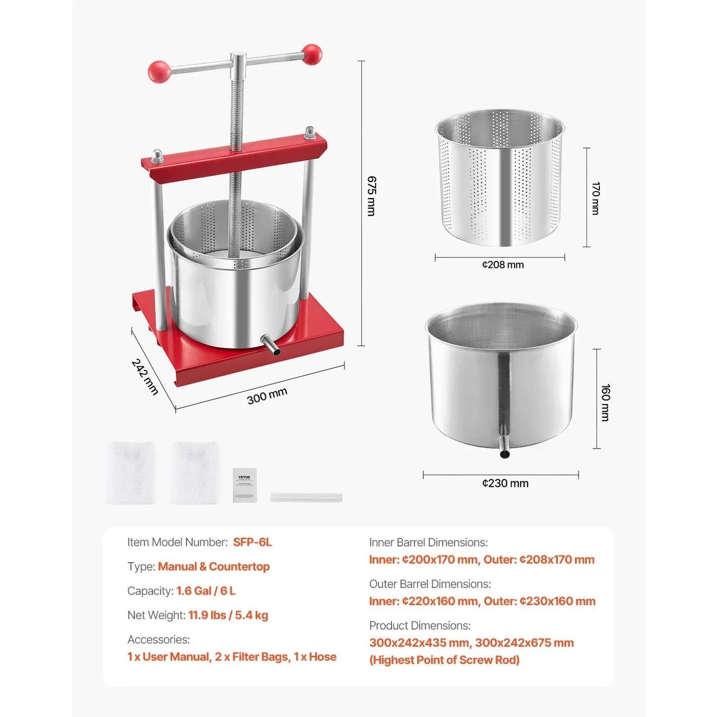 Fruit Press Stainless Steel Barrels Manual Juice Maker with T-Handle