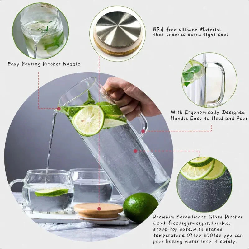 Glass Pitcher with Lid Glass Water Carafe with Handle Fridge Water Jug