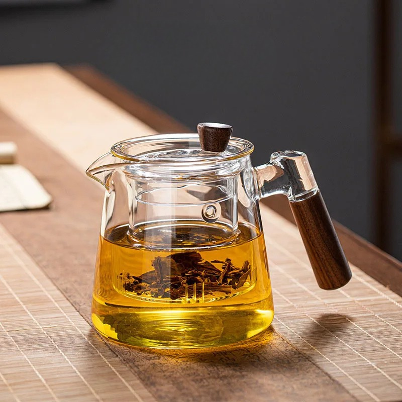 Glass Tea Kettle with Infuser Heat Resistant Teapot with Wooden Handle
