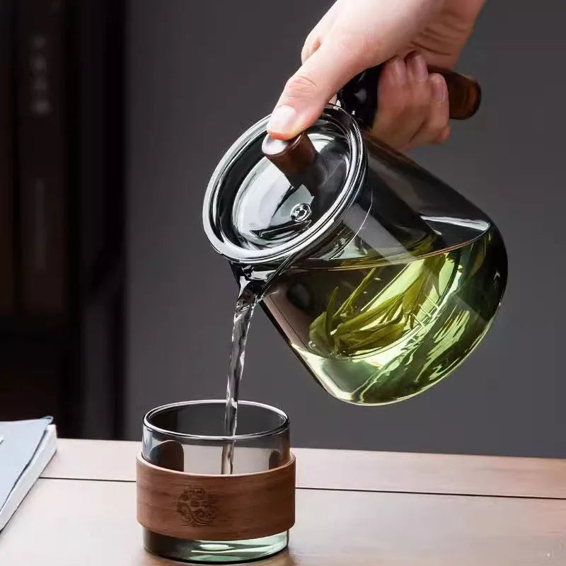 Glass Tea Kettle with Infuser Heat Resistant Teapot with Wooden Handle