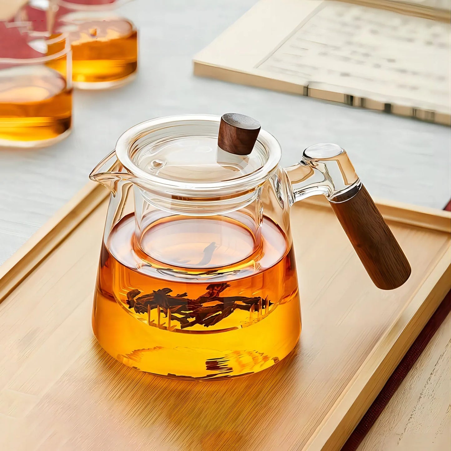 Glass Tea Kettle with Infuser Heat Resistant Teapot with Wooden Handle