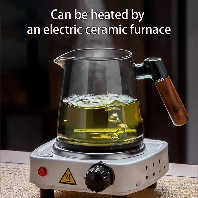 Glass Tea Kettle with Infuser Heat Resistant Teapot with Wooden Handle