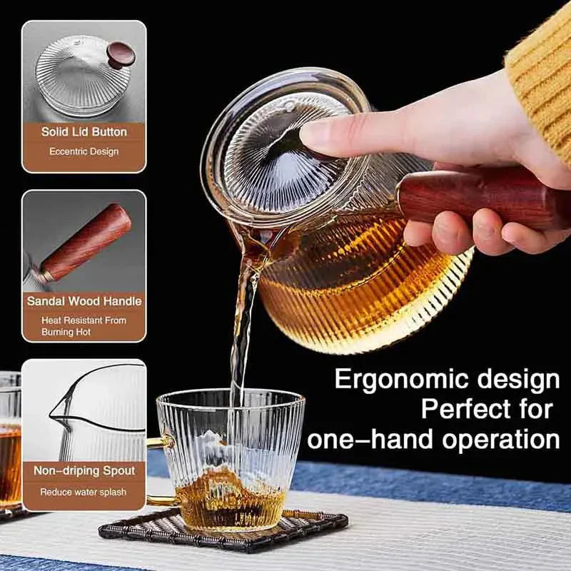 Glass Teapot with Removable Clear Infuser Sandal Wood Handle Glass Kettle