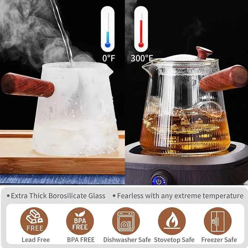 Glass Teapot with Removable Clear Infuser Sandal Wood Handle Glass Kettle