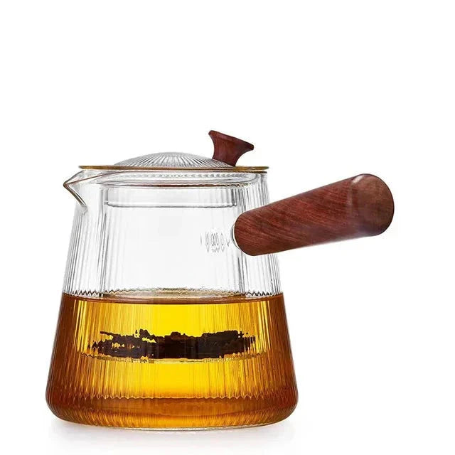 Glass Teapot with Removable Clear Infuser Sandal Wood Handle Glass Kettle
