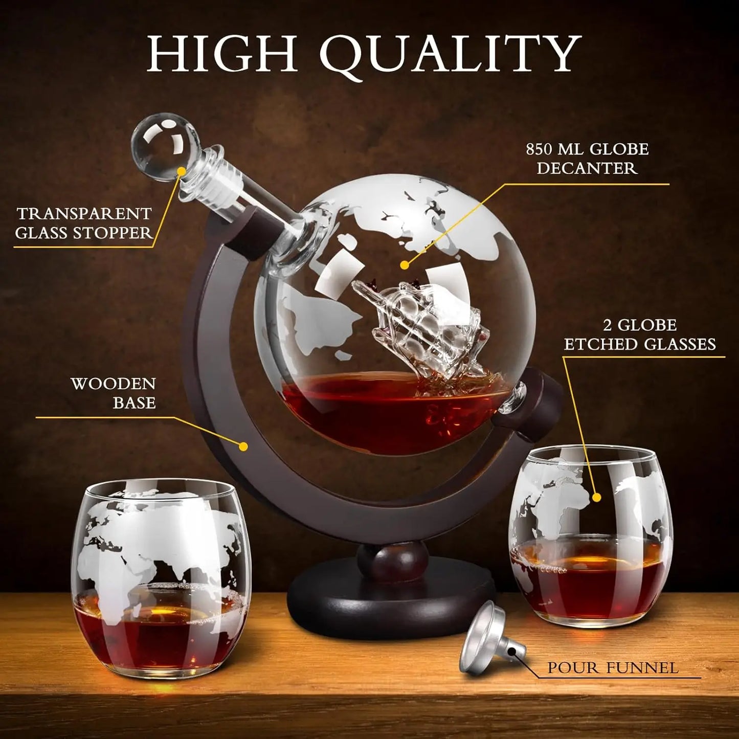 Glass Whiskey Decanter Set with Wooden Stand Etched World Ball Design