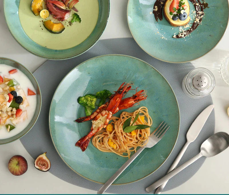 Green Embossed Stoneware Tableware Set Dinnerware for 4/8/12 People