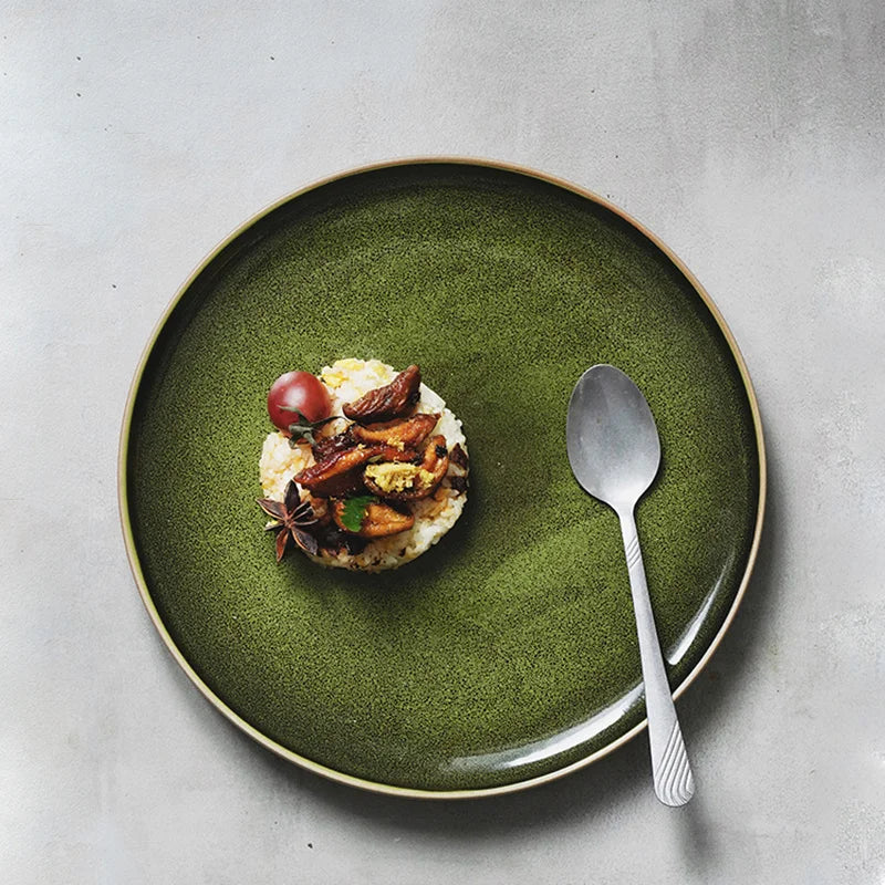 Green Retro Shallow Ceramic Dinner Plate Dessert Steak Dinnerware