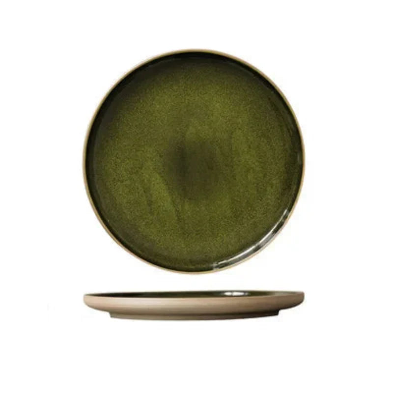 Green Retro Shallow Ceramic Dinner Plate Dessert Steak Dinnerware