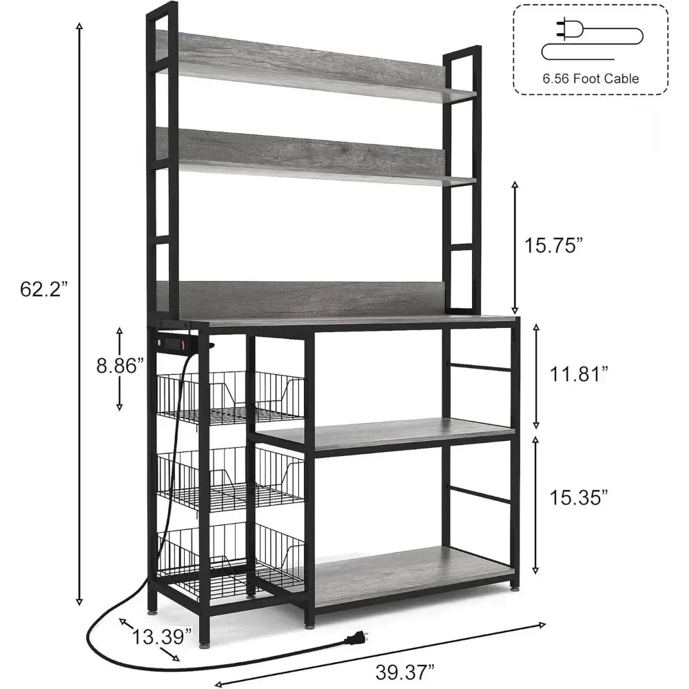 Kitchen Bakers Rack with Basket and Power Outlet Utility Storage Shelf