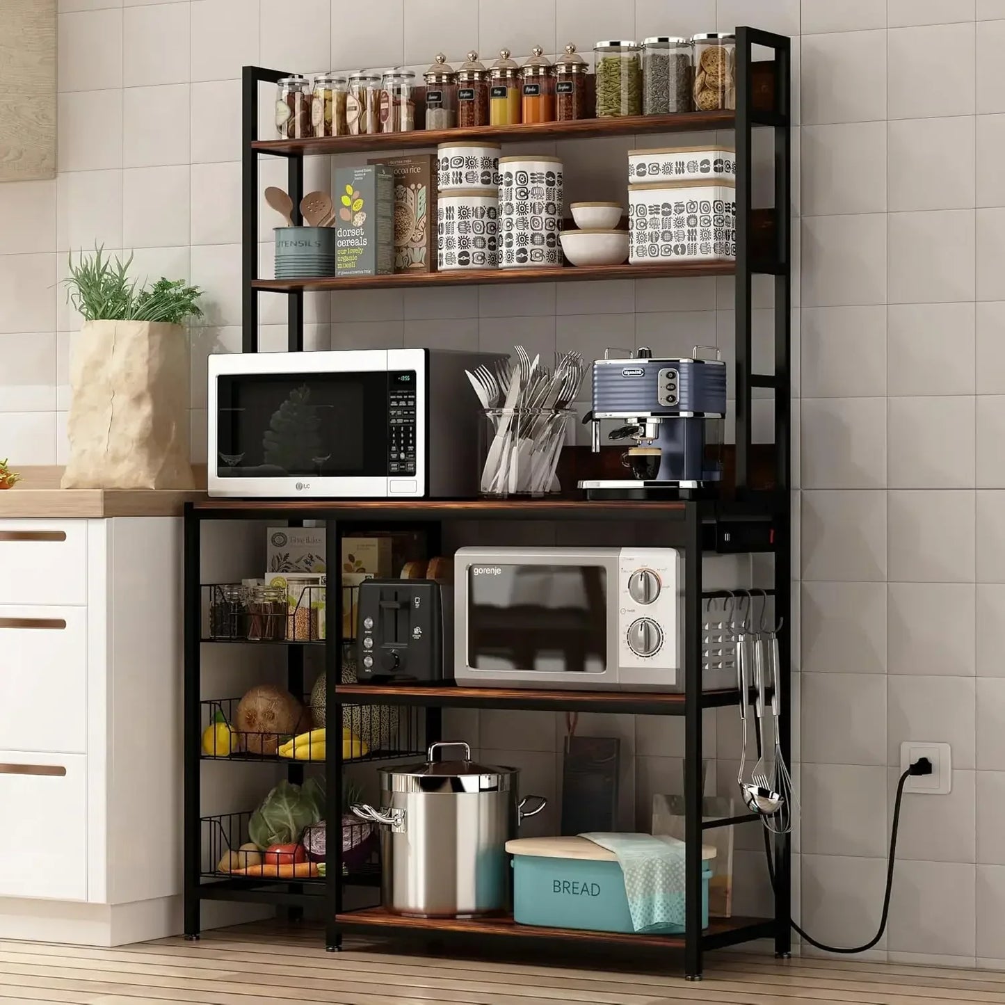 Kitchen Bakers Rack with Basket and Power Outlet Utility Storage Shelf