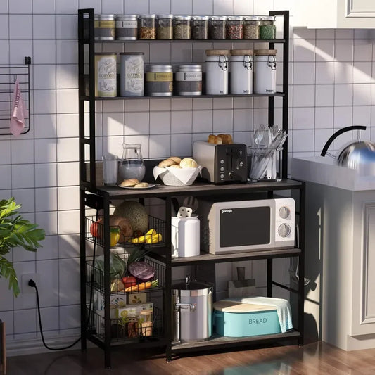 Kitchen Bakers Rack with Basket and Power Outlet Utility Storage Shelf