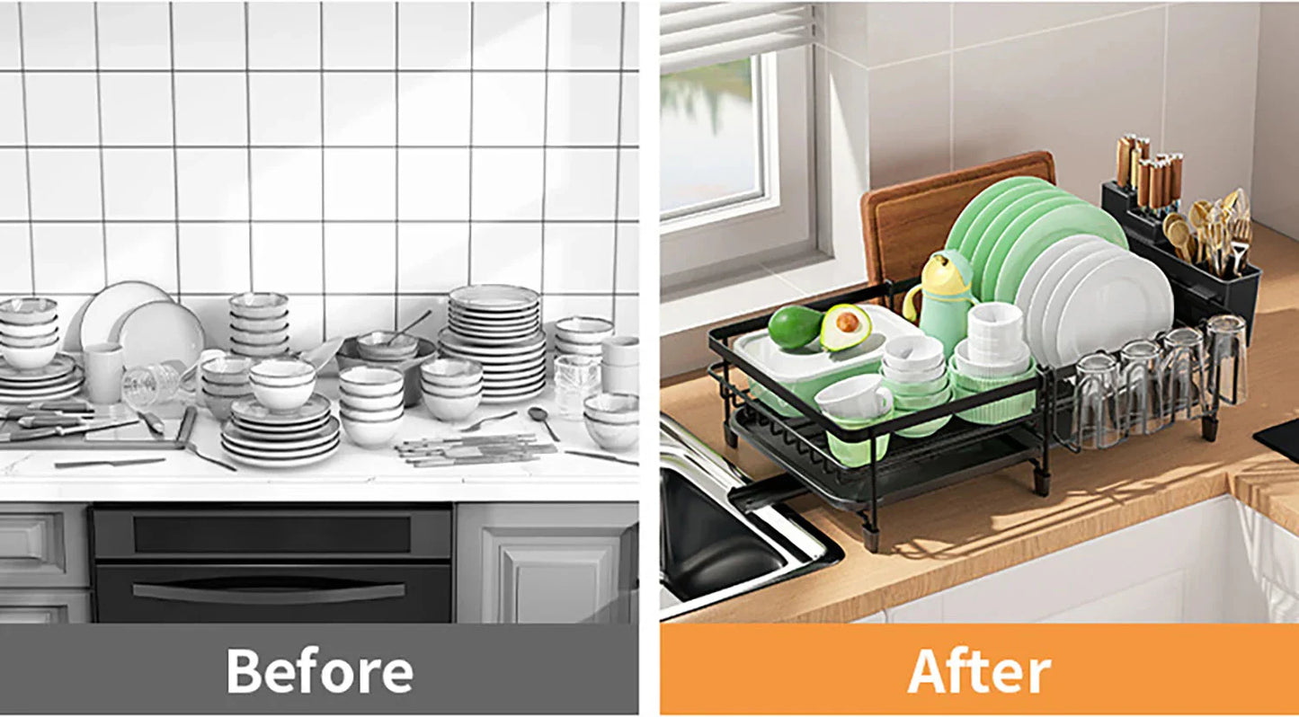 Kitchen Expandable Dish Drying Rack with Rotatable Swivel Spout