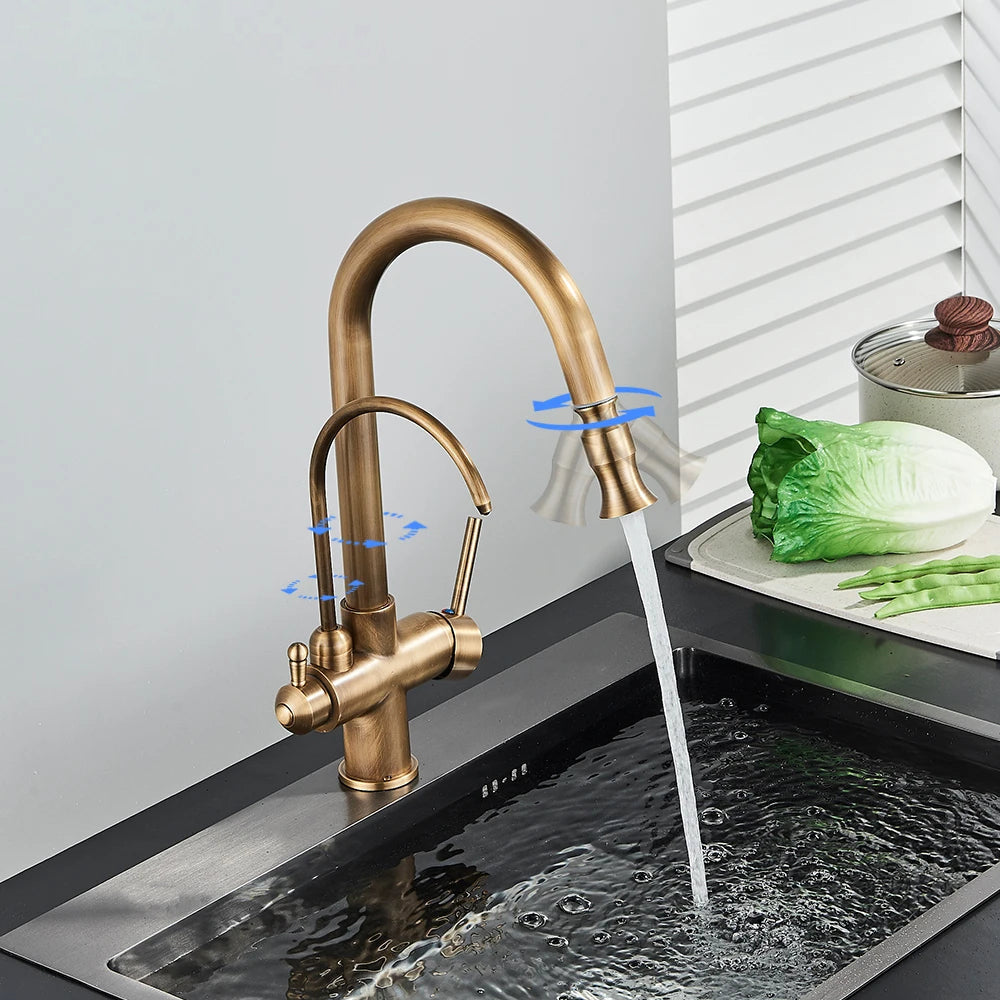 Kitchen Faucet 2 in 1 Antique Brass Pull Out Nozzle Kitchen Tap