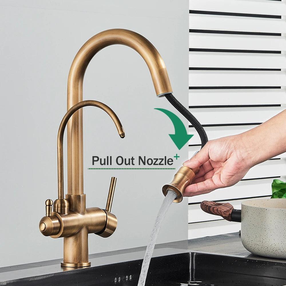 Kitchen Faucet 2 in 1 Antique Brass Pull Out Nozzle Kitchen Tap