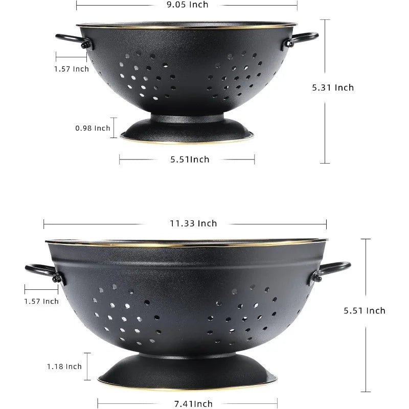 Metal Colander Strainer Baskets with Handles and Solid Base Set of 2