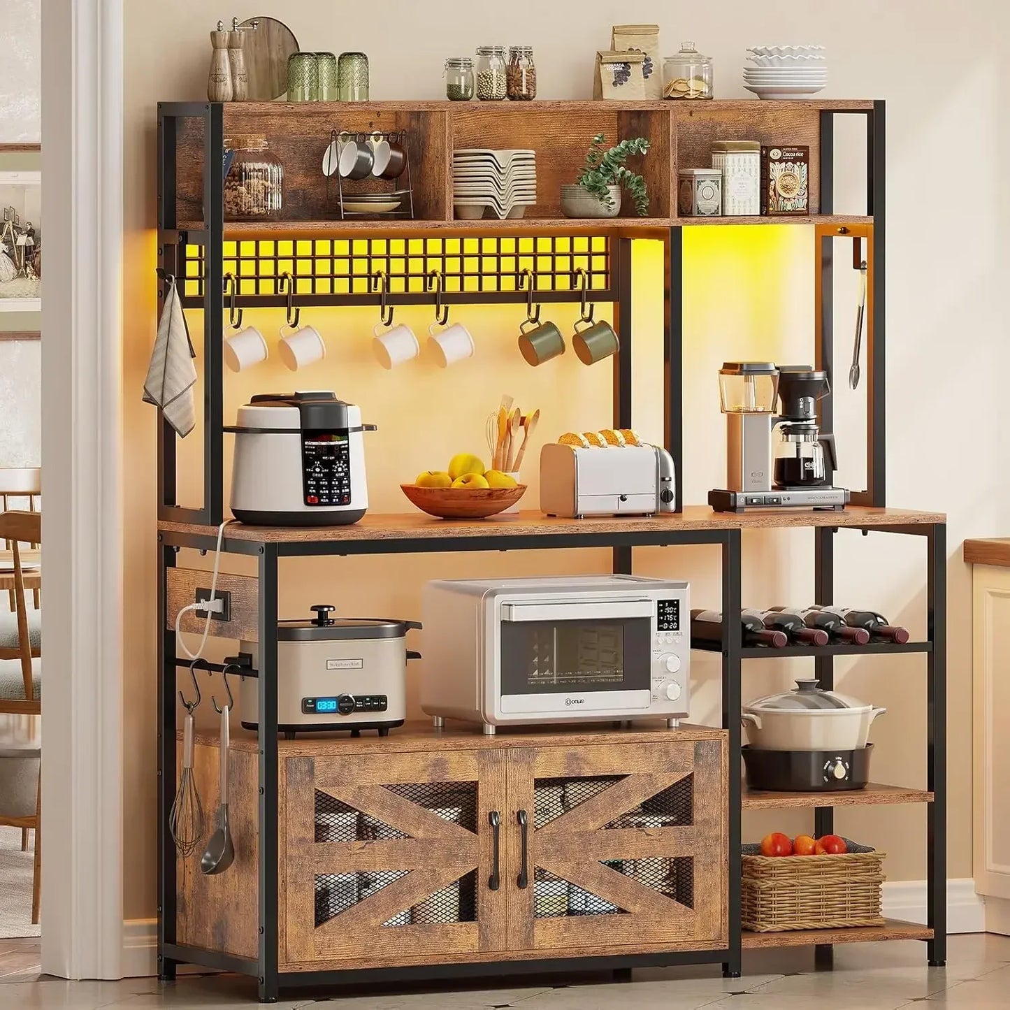 Microwave Stand with Storage Farmhouse Coffee Bar Cabinet Wine Rack