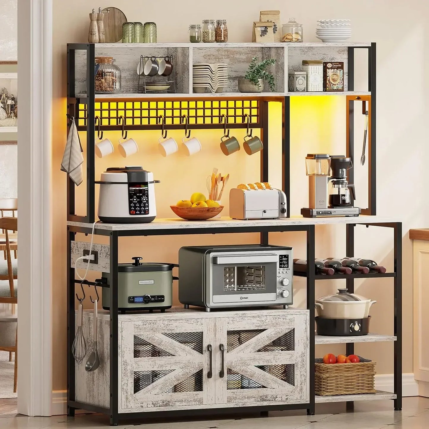 Microwave Stand with Storage Farmhouse Coffee Bar Cabinet Wine Rack