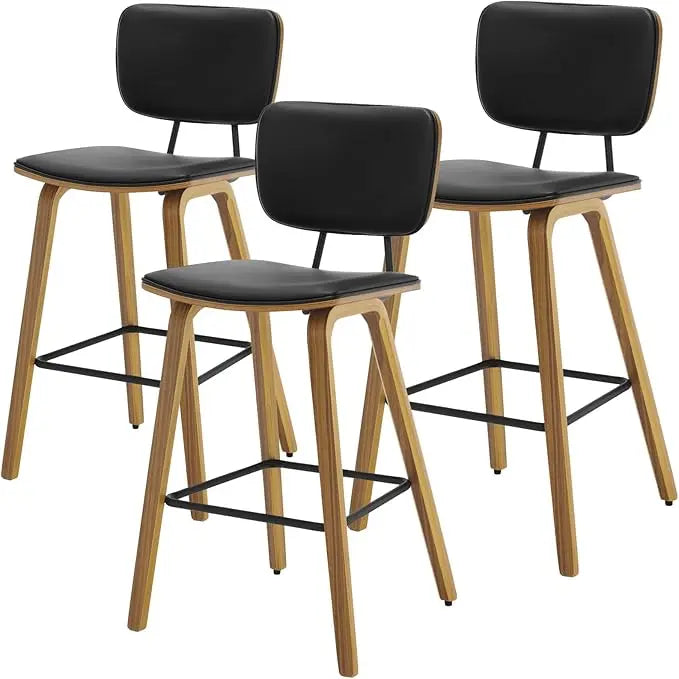 Mid Century Modern Counter Bar Stools Wood Leather Upholstered Set of 3