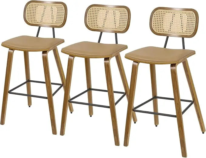 Mid Century Modern Counter Bar Stools Wood Leather Upholstered Set of 3