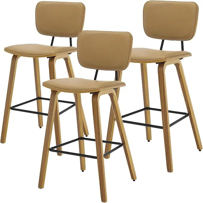 Mid Century Modern Counter Bar Stools Wood Leather Upholstered Set of 3