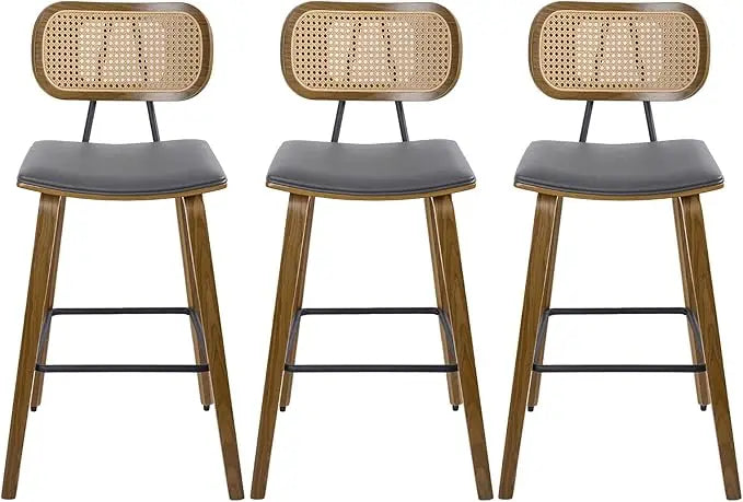 Mid Century Modern Counter Bar Stools Wood Leather Upholstered Set of 3