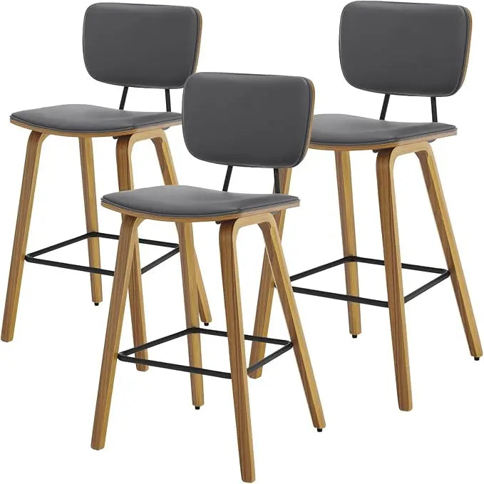 Mid Century Modern Counter Bar Stools Wood Leather Upholstered Set of 3