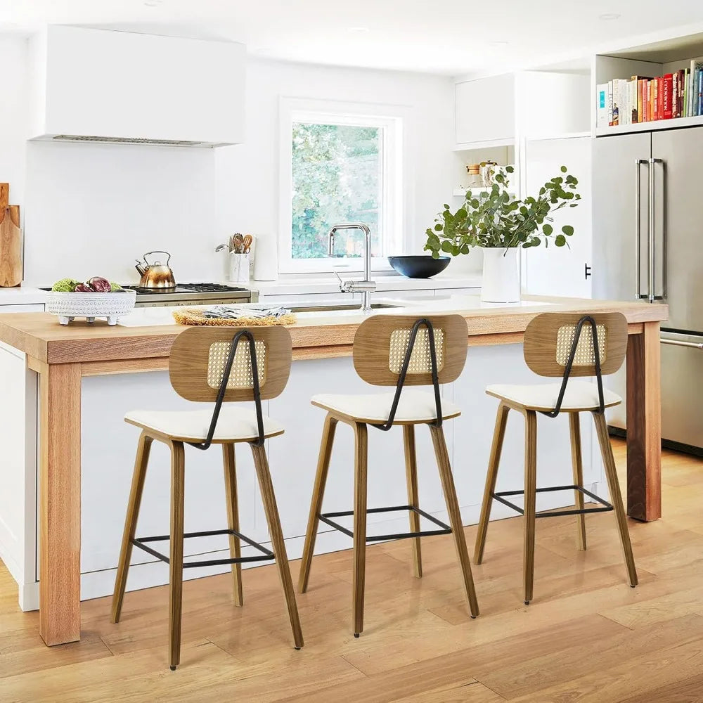 Mid Century Modern Counter Bar Stools Wood Leather Upholstered Set of 3