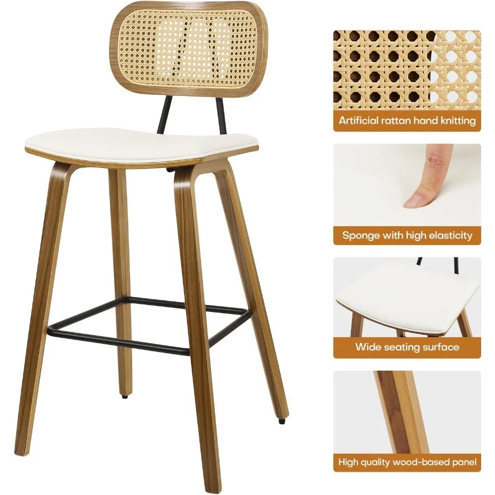 Mid Century Modern Counter Bar Stools Wood Leather Upholstered Set of 3