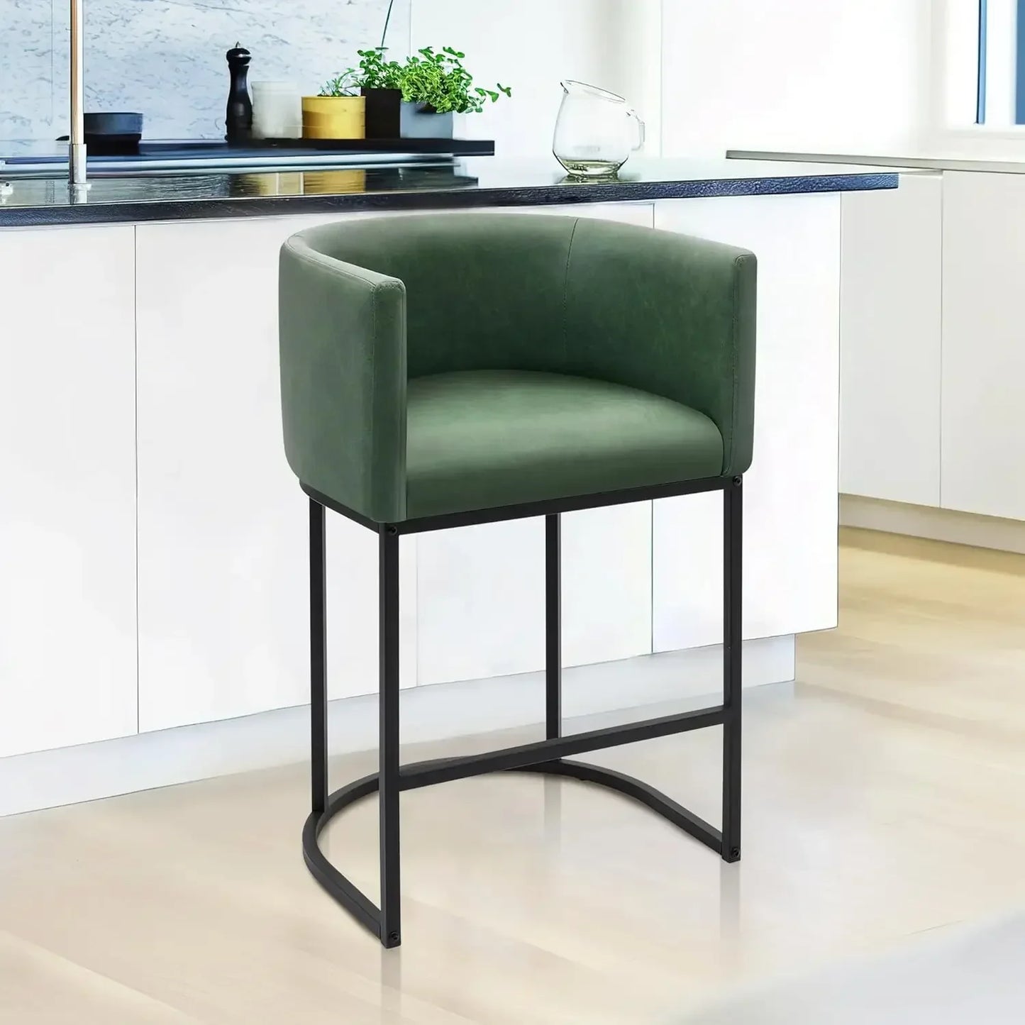Modern Barrel Bar Stools with Backrest and Arms Faux Leather Accent