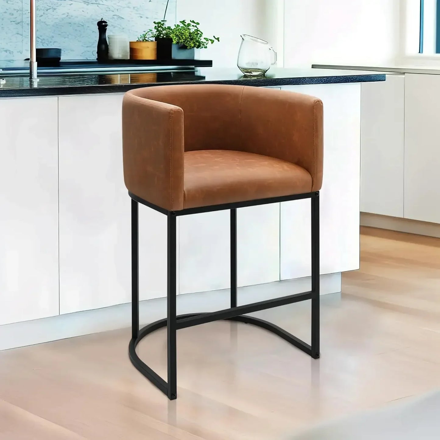 Modern Barrel Bar Stools with Backrest and Arms Faux Leather Accent
