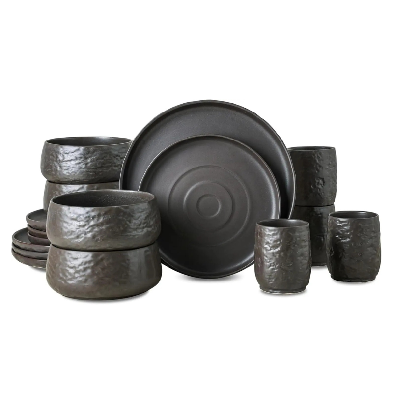 Modern Dishware Dinner Dessert Plate Bowl Mug Stoneware Set 16pc Black
