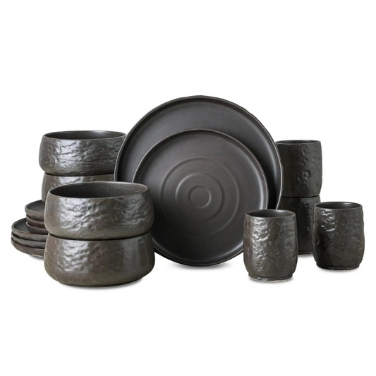 Modern Dishware Dinner Dessert Plate Bowl Mug Stoneware Set 16pc Black
