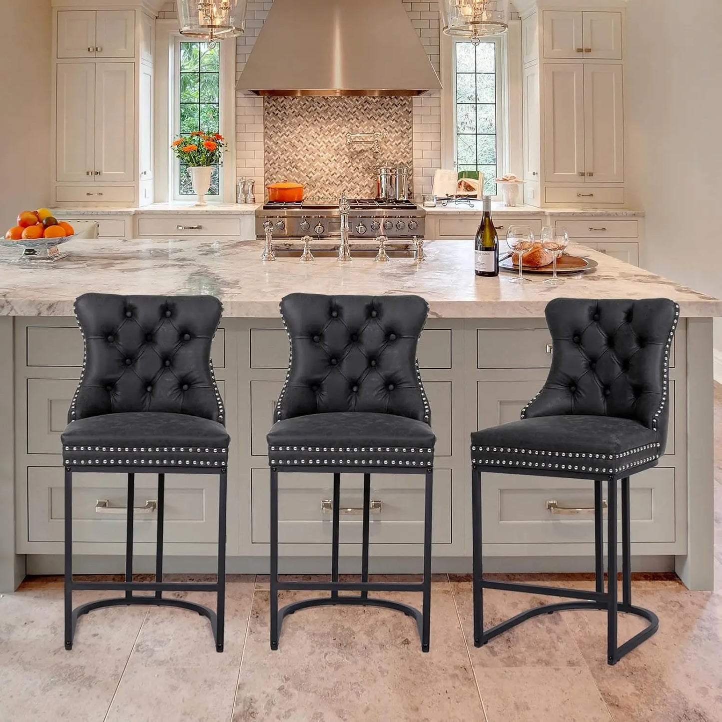 Modern Faux Leather Upholstery Counter Chair with Metal Legs Set of 3